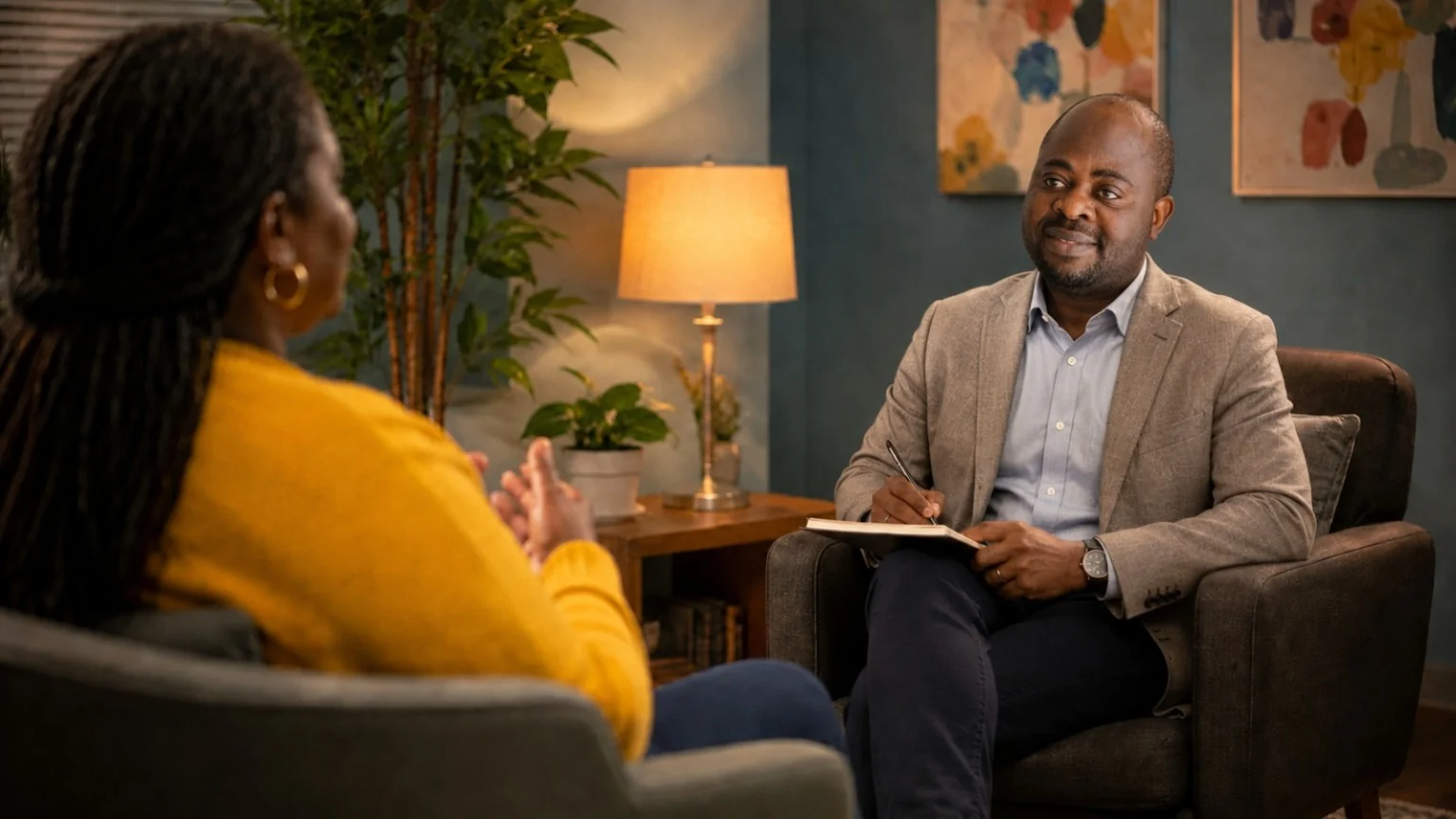 Sunday Komolafe providing a supportive counselling session in a comfortable therapy room